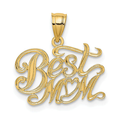 14k Yellow Gold Solid Textured Polished Finish BEST MOM Script Design Charm Pendant