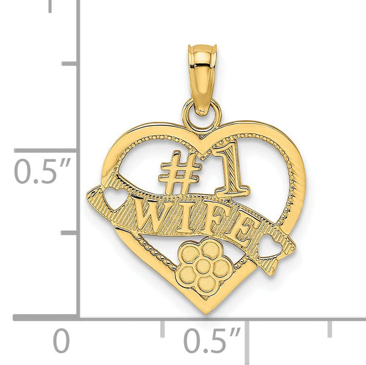 14k Yellow Gold Polished Textured Finish #1 WIFE in Heart Shape Design Charm Pendant
