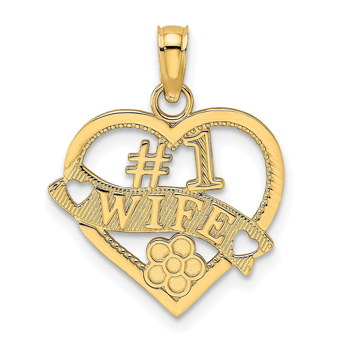 14k Yellow Gold Polished Textured Finish #1 WIFE in Heart Shape Design Charm Pendant