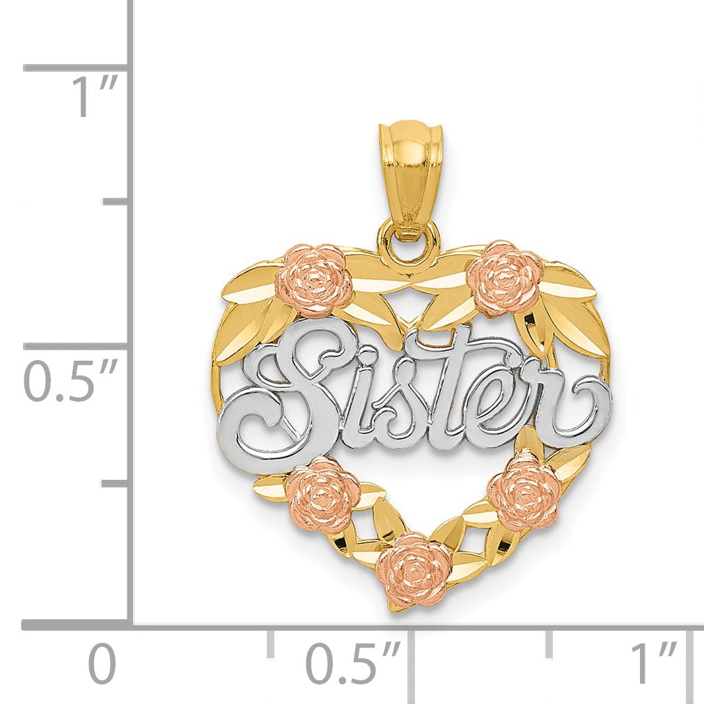 14k Two Tone Gold Sister Heart Charm Pendant