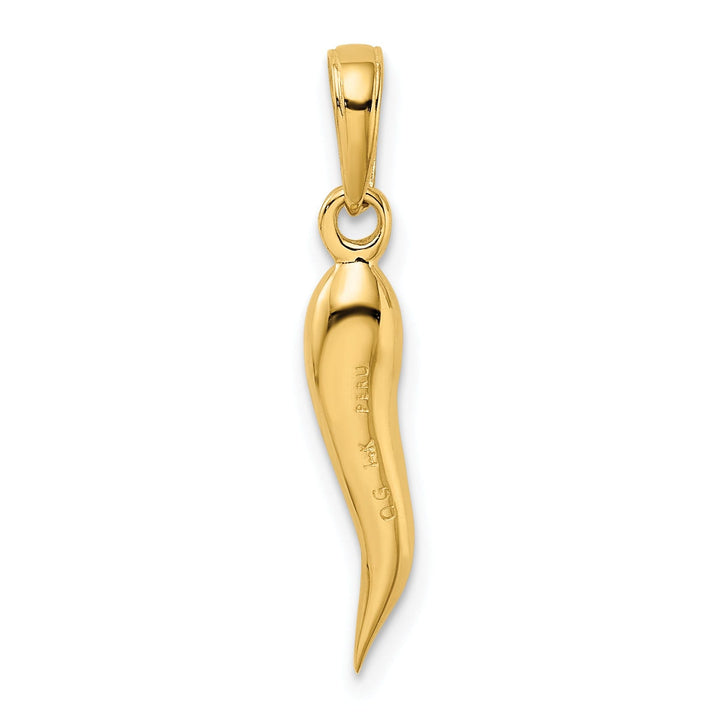 14k Yellow Gold Solid Polished Medium Size 3-D Italian Horn Pendant