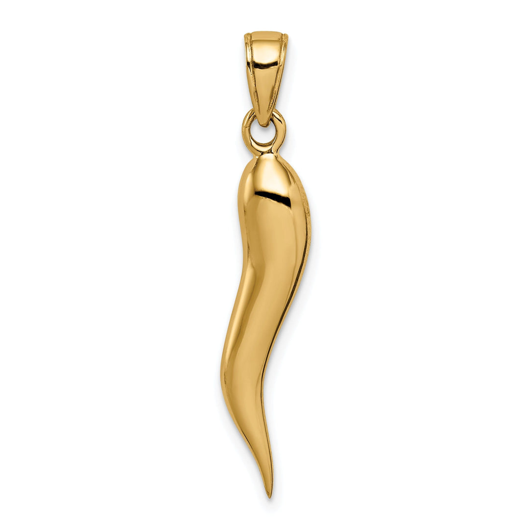 14k Yellow Gold Solid Polished Large Size 3-D Italian Horn Charm Pendant