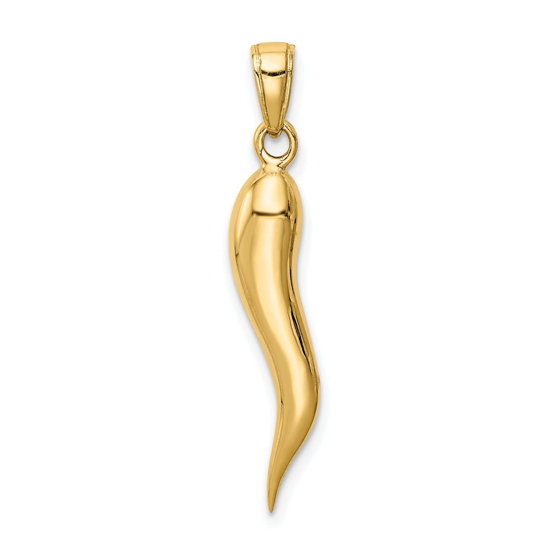 14k Yellow Gold Solid Polished Large Size 3-D Italian Horn Charm Pendant