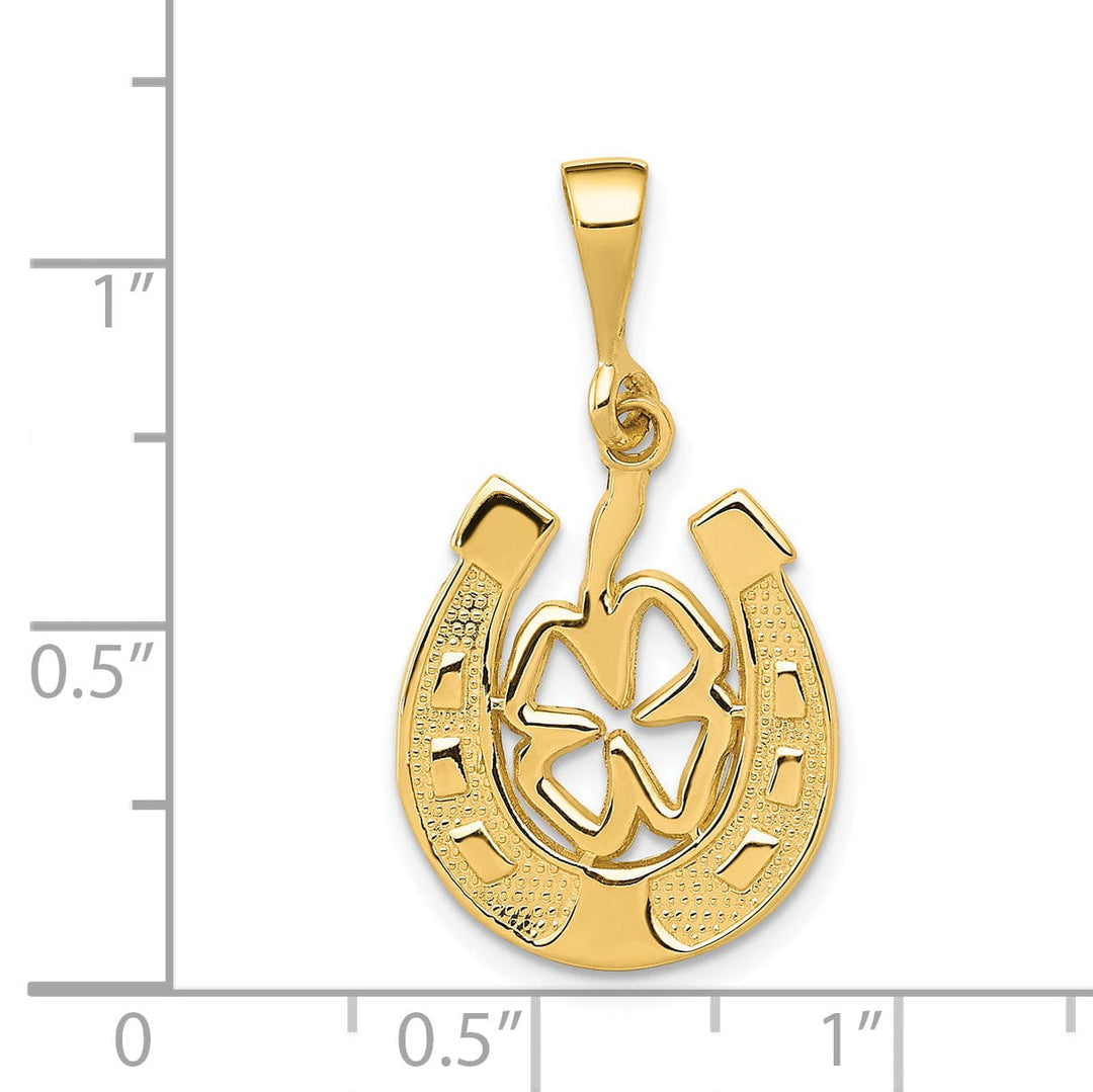 14k Yellow Gold Textured Polished Finish Horseshoe Shape Good Luck Clover Charm Pendant