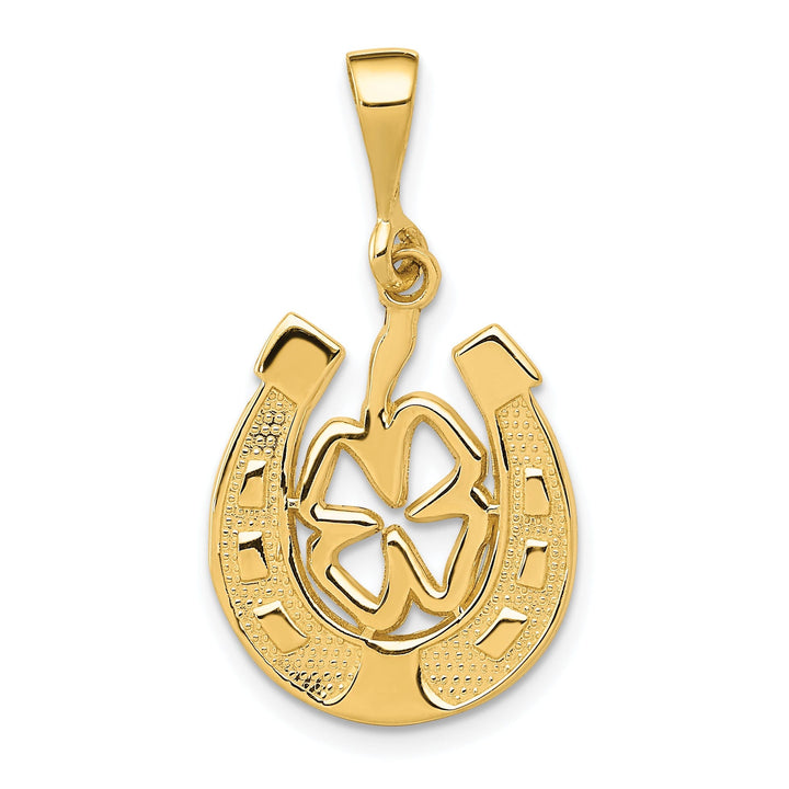 14k Yellow Gold Textured Polished Finish Horseshoe Shape Good Luck Clover Charm Pendant