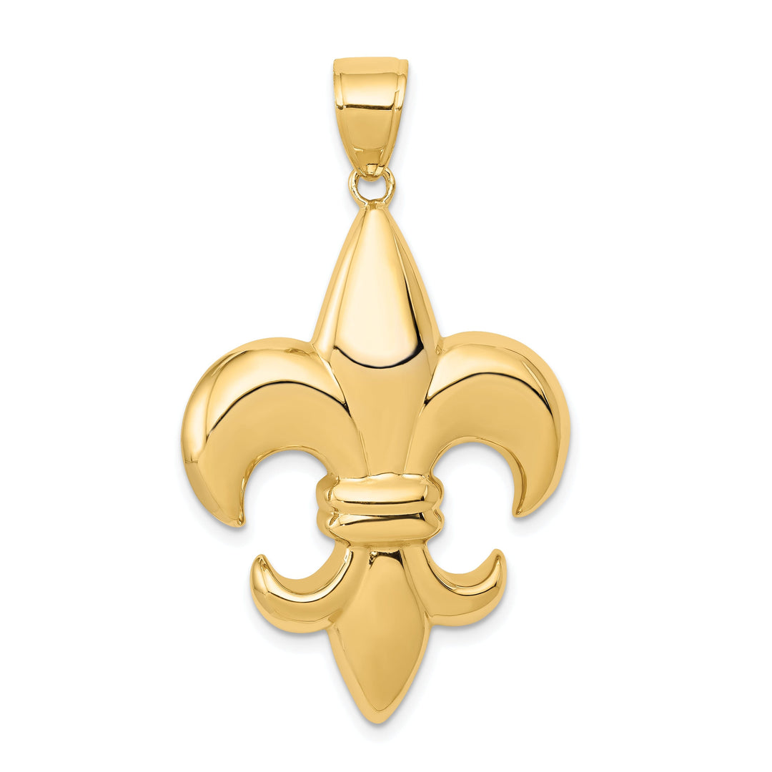 14k Yellow Gold Solid Polished Finish Concave Shape Large Size Fleur-De-Lis Design Charm Pendant