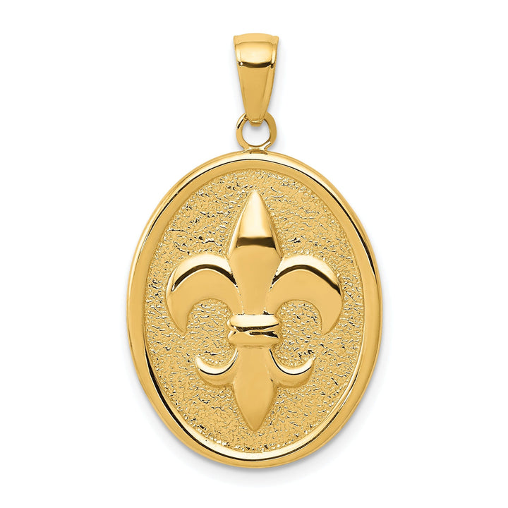 14k Yellow Gold Solid Textured Polished Finish Mens Fleur-De-Lis on Oval Disk Shape Charm Pendant