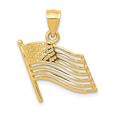 14K Yellow Gold Polished Textured Finish Solid U.S.A American Flag Cut Out Design Charm Pendant