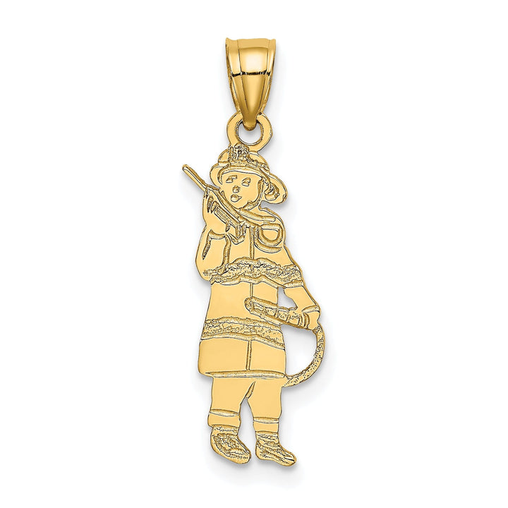 14k Yellow Gold Polished Textured Finish Fireman Holding Water Hose Charm Pendant