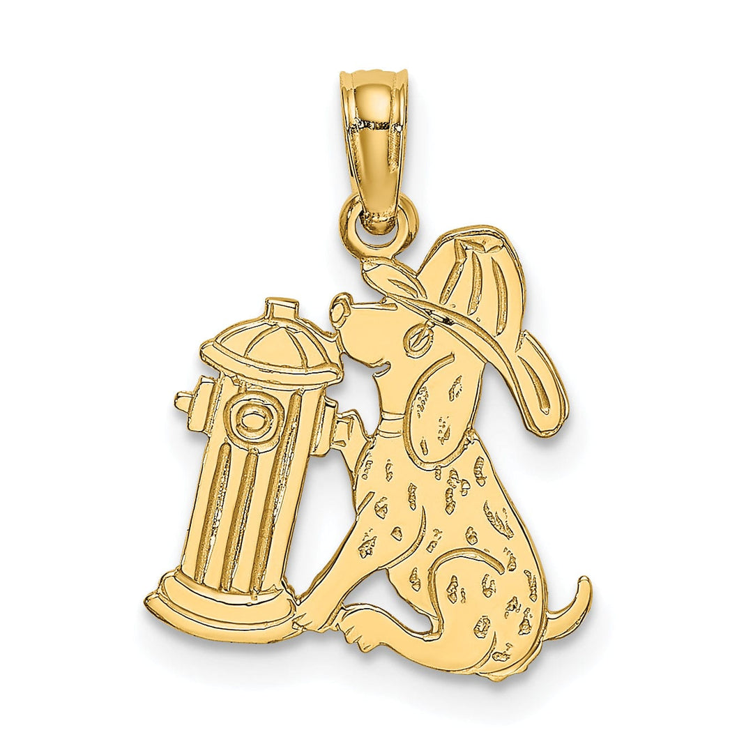 14k Yellow Gold Textured Polished Finish Fire Hydrant with Dog wearing Firefighters Hat Charm Pendant