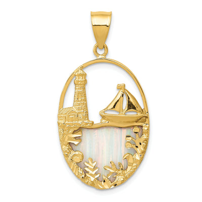 14kYellow Gold Opal Lighthouse Sailboat Pendant at $ 332.78 only from Jewelryshopping.com