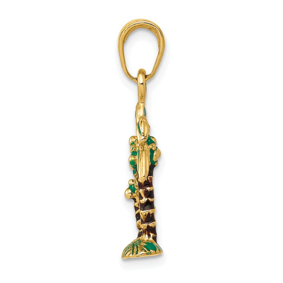 14k Yellow Gold Solid 3-Dimensional Green, Brown, Color Enameled Finish Palm Trees Charm Pendant
