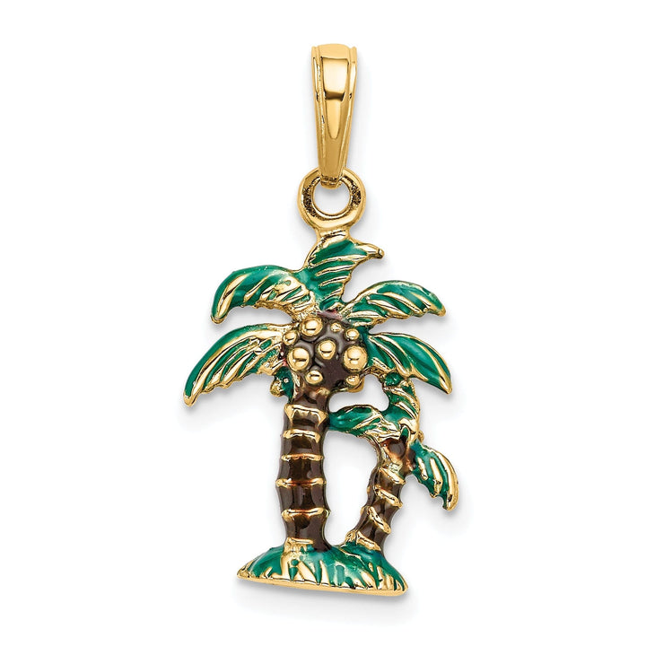 14k Yellow Gold Solid 3-Dimensional Green, Brown, Color Enameled Finish Palm Trees Charm Pendant
