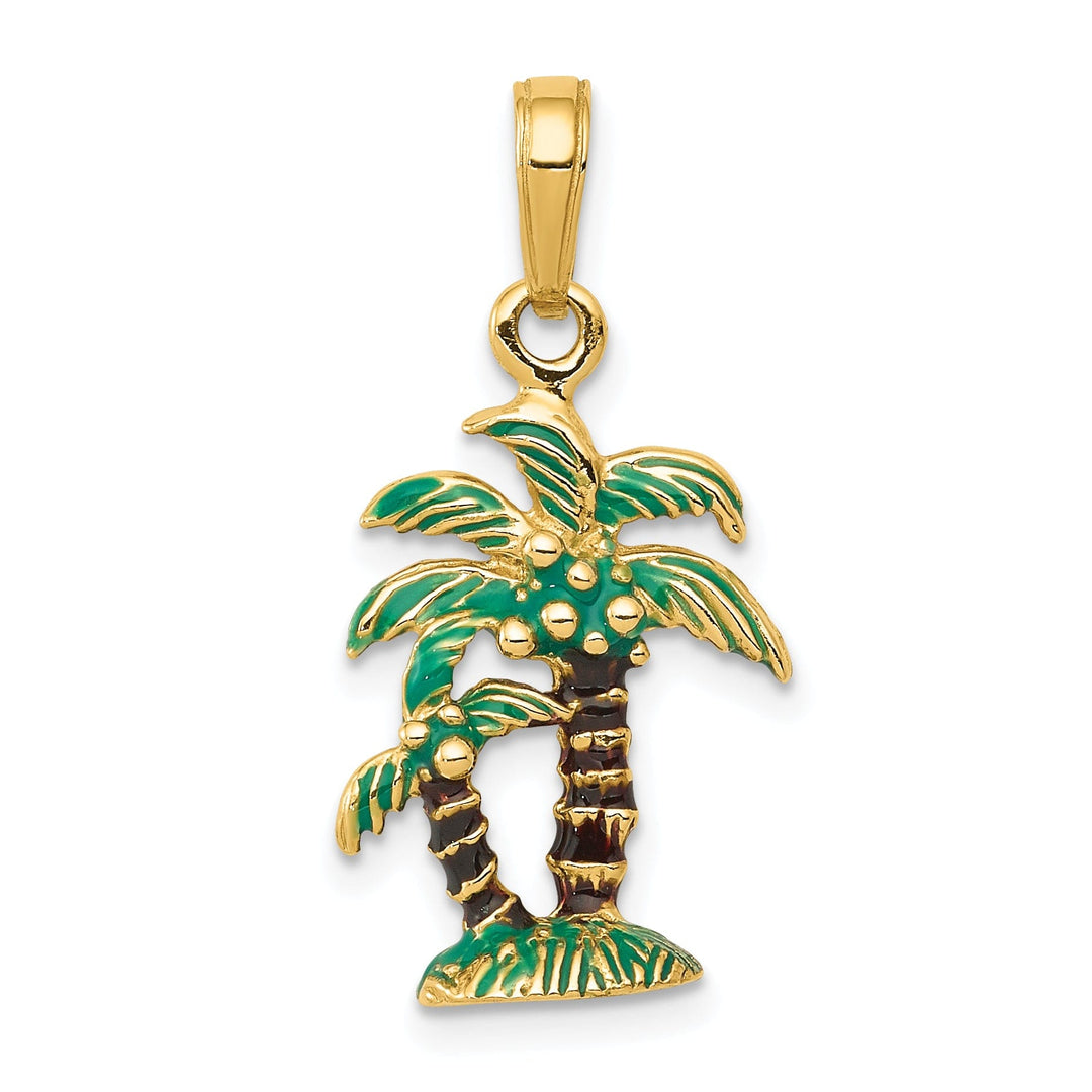 14k Yellow Gold Solid 3-Dimensional Green, Brown, Color Enameled Finish Palm Trees Charm Pendant