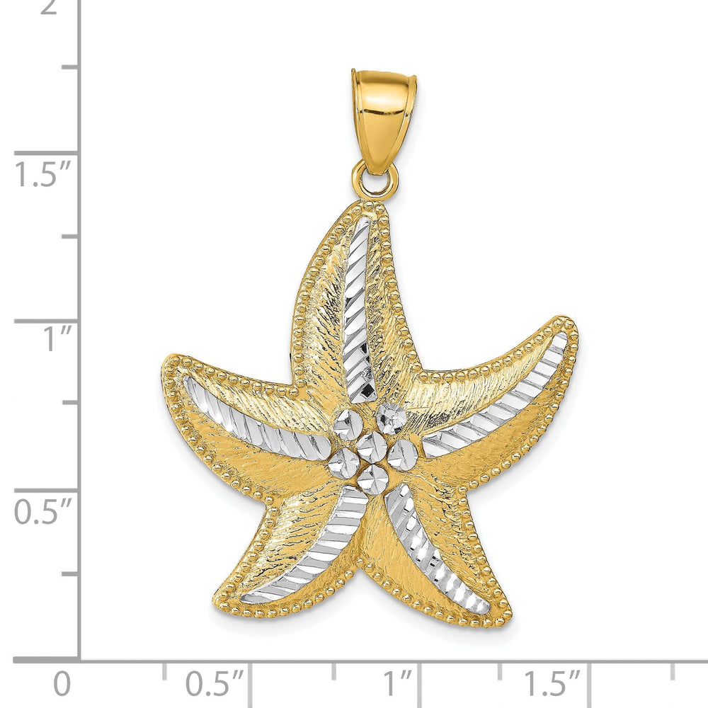 14K Yellow Gold White Rhodium Diamond Cut Polished Textured Finish Starfish Charm Pendant