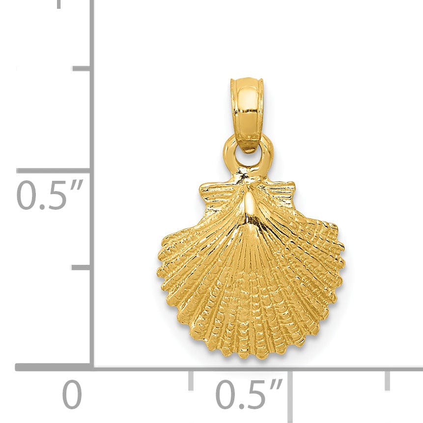 14K Yellow Gold Solid Texture Polished Finish Sea Scallop Shell Charm Pendant