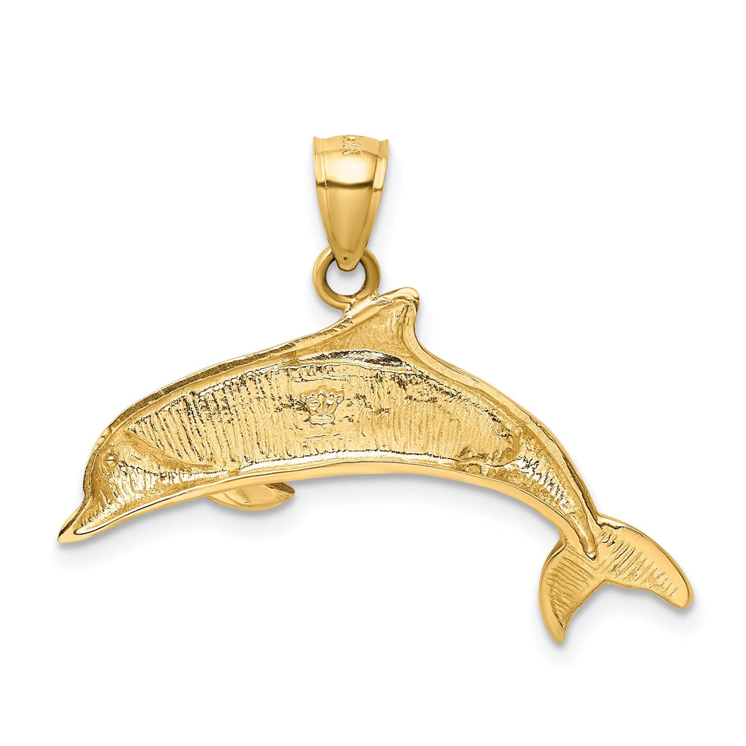 14K Yellow Gold Solid Polished Finish Lab Created Opal Design Dolphin Charm Pendant