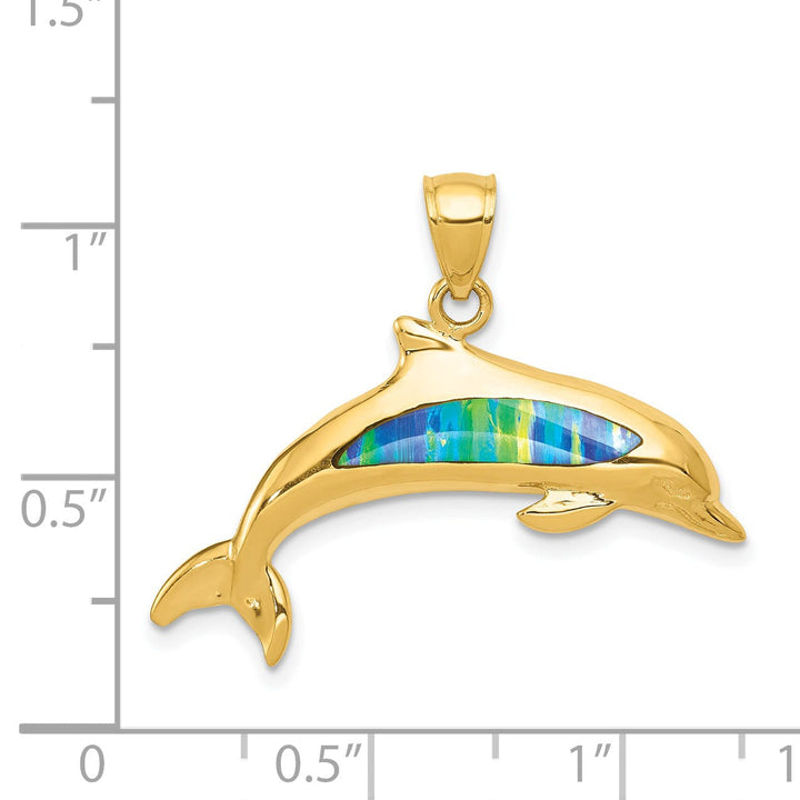 14K Yellow Gold Solid Polished Finish Lab Created Opal Design Dolphin Charm Pendant