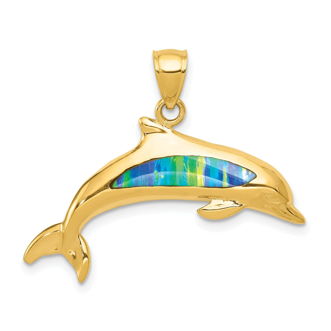 14K Yellow Gold Solid Polished Finish Lab Created Opal Design Dolphin Charm Pendant