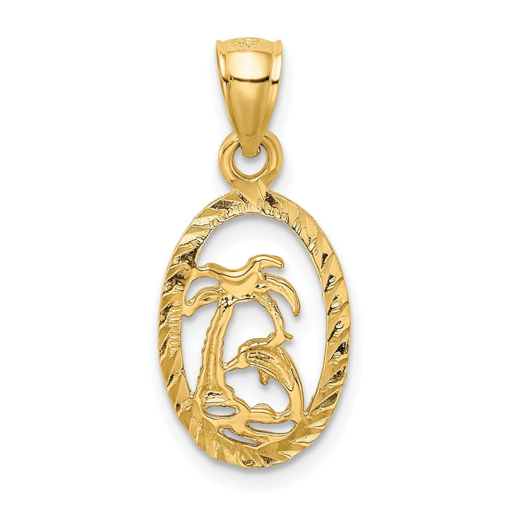 14K Yello w Gold Soild Polished Diamond Cut Finish Dolphin and Palm Design Tree Charm Pendant