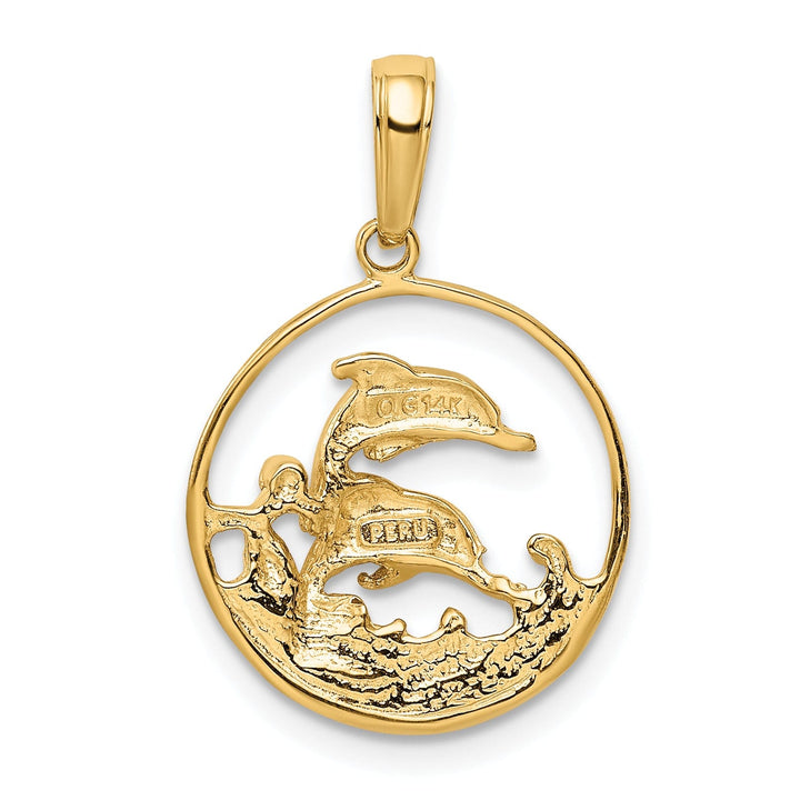 14k Yellow Gold Textured Polished Finish Solid Double Swimming Dolphin Circle Design Charm Pendant