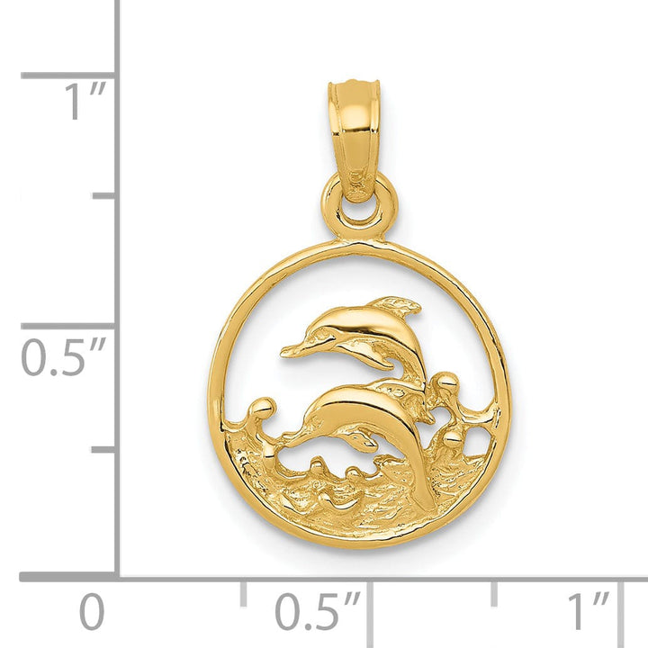 14k Yellow Gold Textured Polished Finish Solid Double Swimming Dolphin Circle Design Charm Pendant