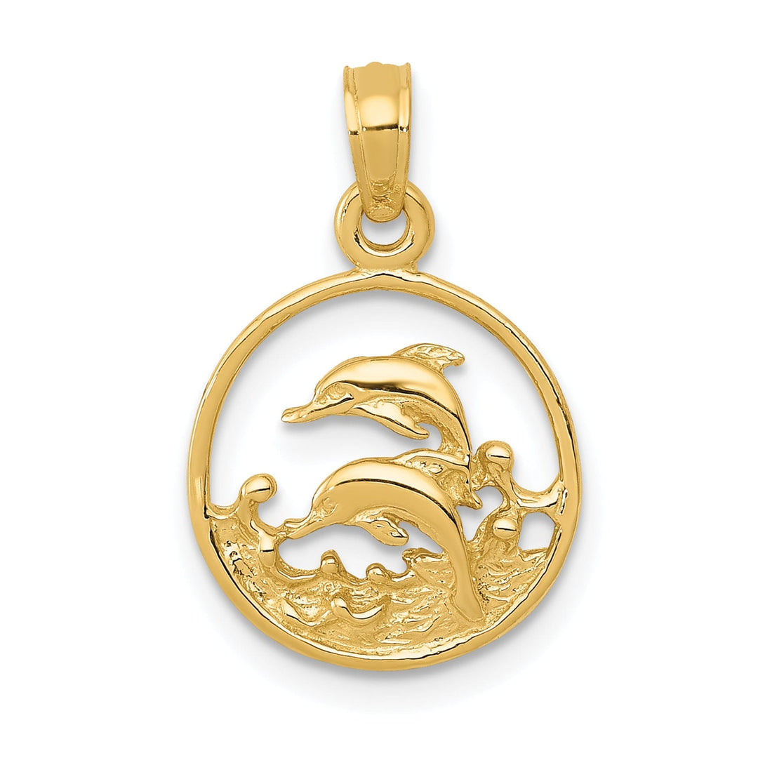 14k Yellow Gold Textured Polished Finish Solid Double Swimming Dolphin Circle Design Charm Pendant