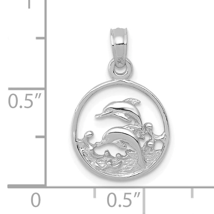 14k White Gold Textured Polished Finish Solid Double Dolphin Swimming Circle Design Charm Pendant