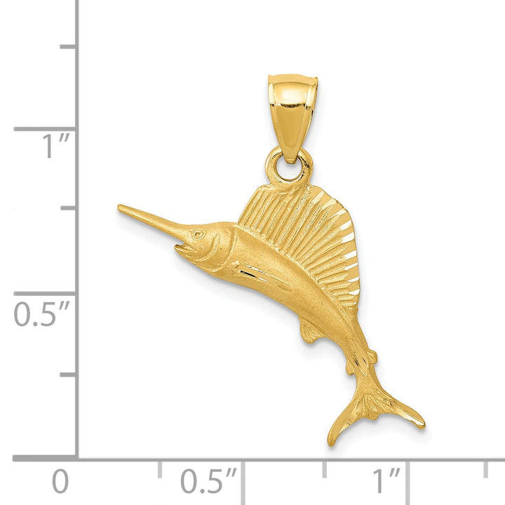 14k Yellow Gold Solid Brushed Diamond Cut Finish Sailfish Charm Pendant