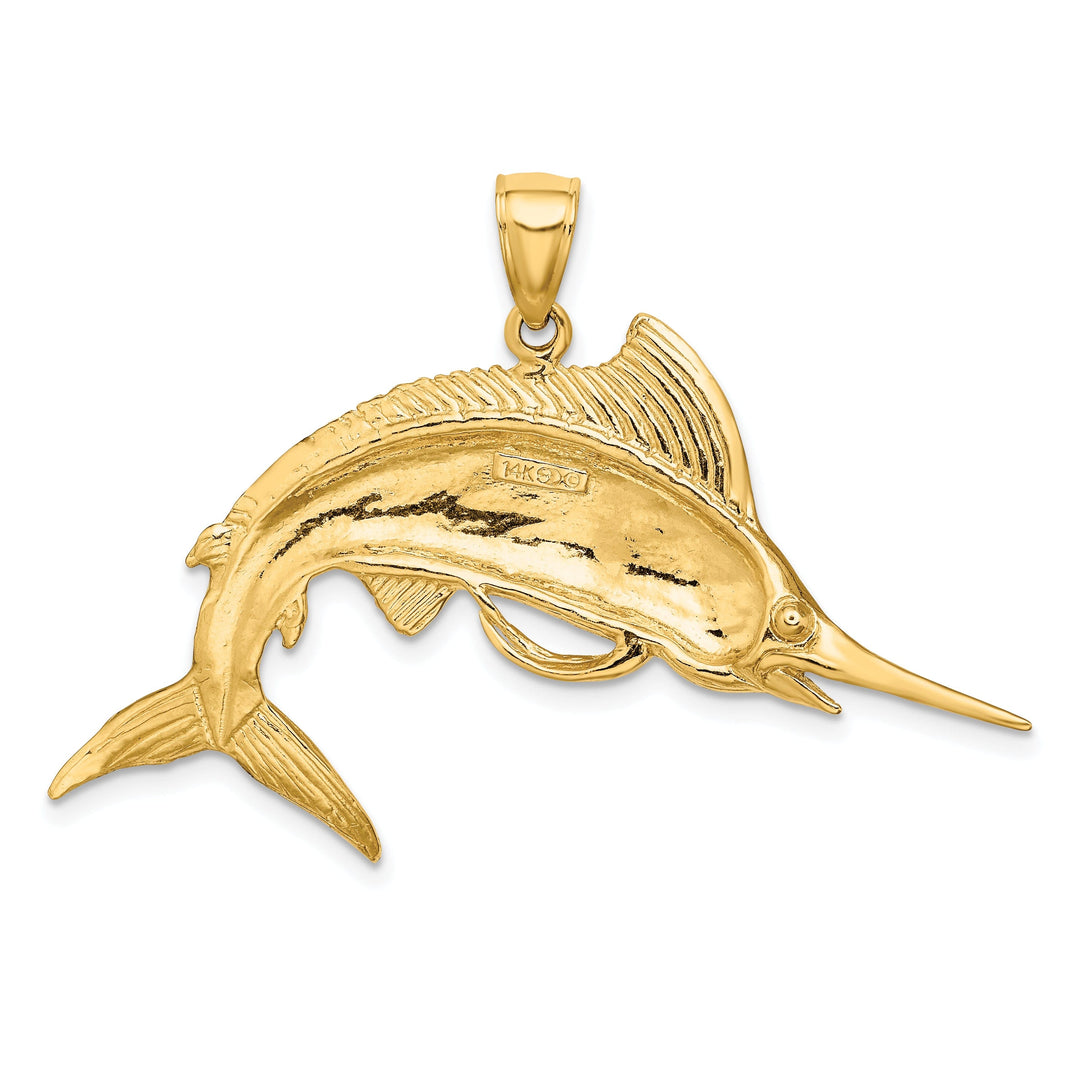 14k Yellow Gold Solid Textured Polished Finish Blue Marlin Fish Charm Pendant
