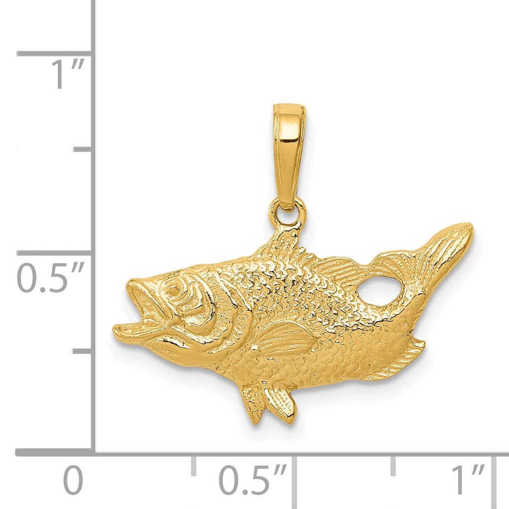 14k Yellow Gold Textured Solid Polished Finish Open Mouthed Bass Fish Charm Pendant