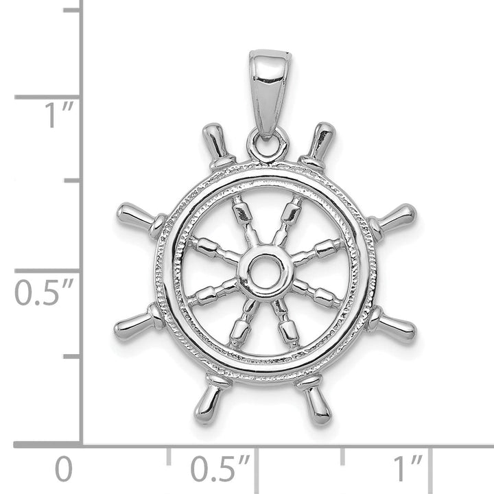 14K White Gold 3-D Textured Polished Finish Solid Men's Ships Wheel Charm