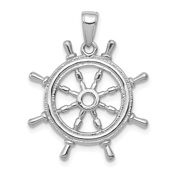 14K White Gold 3-D Textured Polished Finish Solid Men's Ships Wheel Charm