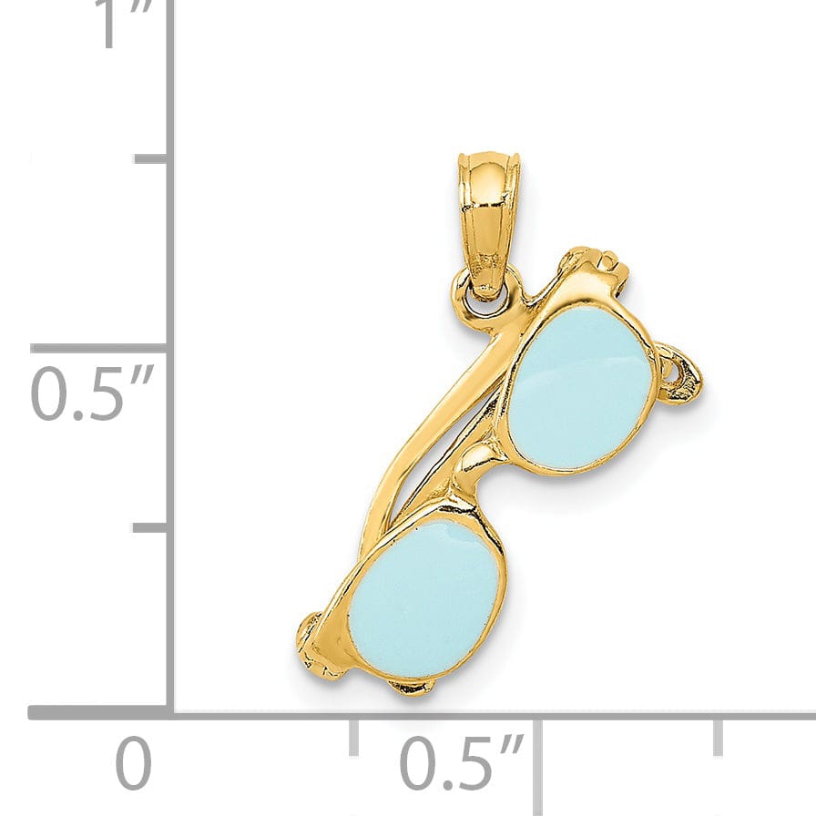 14k Yellow Gold Solid Polished Finish 3-Dimensional Aqua Blue Enameled Sunglasses Charm Pendant