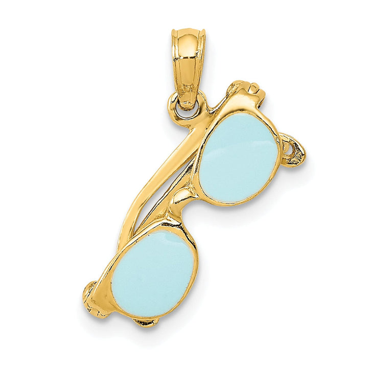 14k Yellow Gold Solid Polished Finish 3-Dimensional Aqua Blue Enameled Sunglasses Charm Pendant