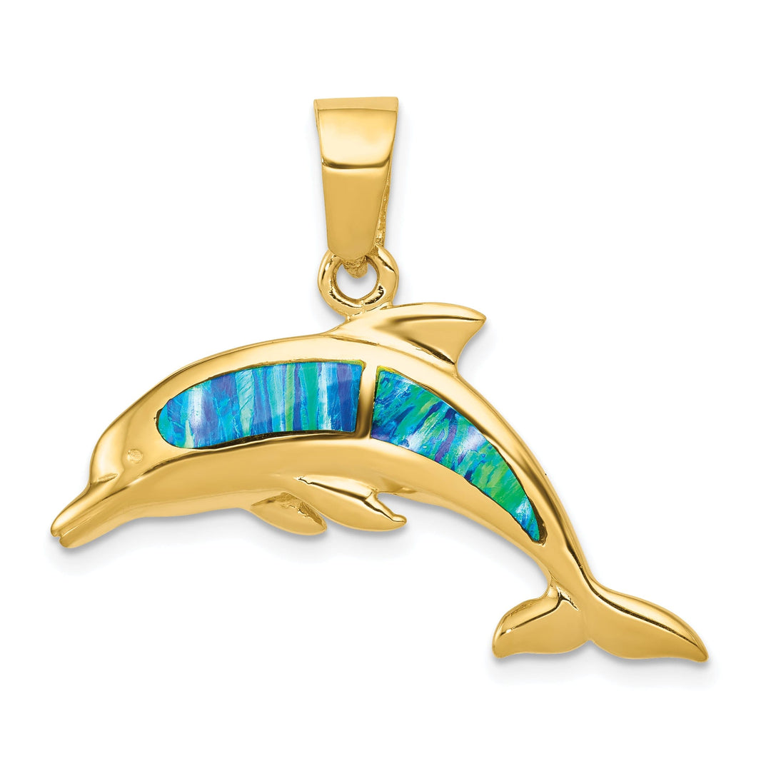 14k Yellow Gold Polished Finish Lab Created Opal Dolphin Charm Pendant