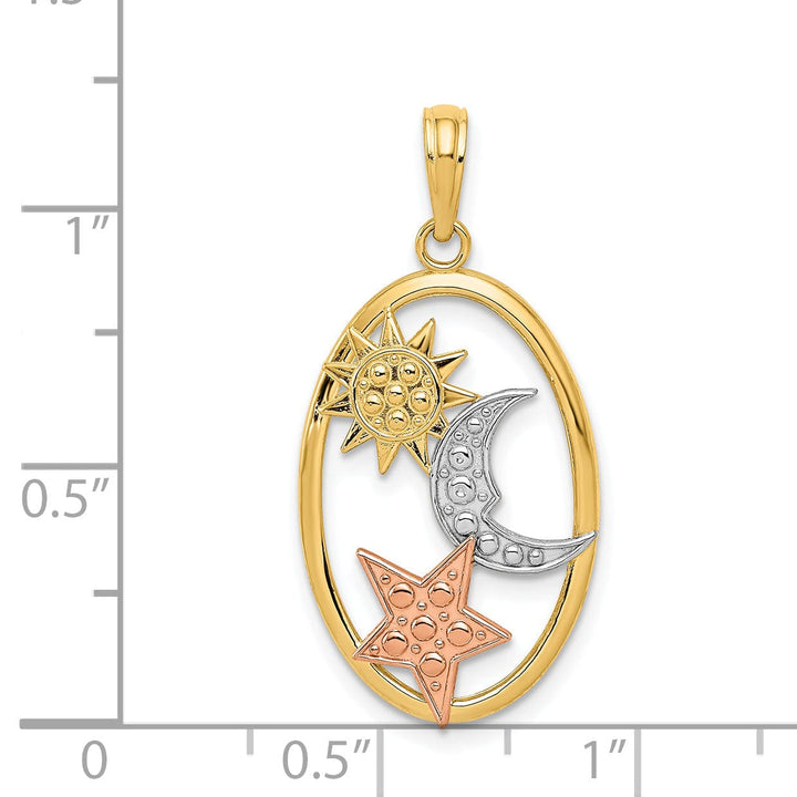 14k Two Tone Gold White Rhodium Solid Polished Texture Finish Sun, Moon and Star Oval Shape Charm Pendant