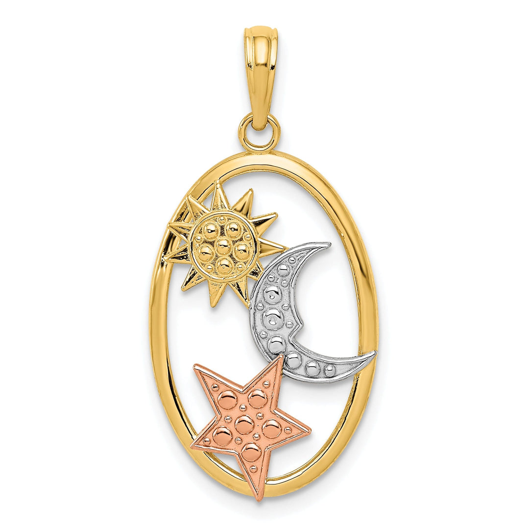 14k Two Tone Gold White Rhodium Solid Polished Texture Finish Sun, Moon and Star Oval Shape Charm Pendant