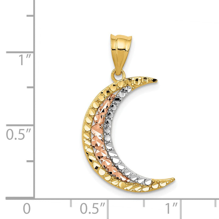 14K Two Tone Gold White Rhodium pen Back Solid Polished Diamond Cut Finish Moon Pendant