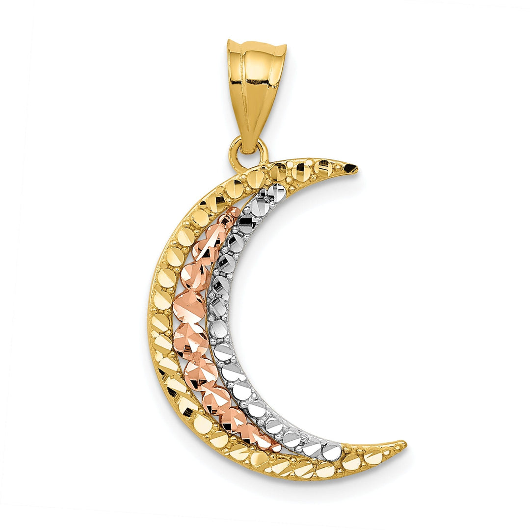 14K Two Tone Gold White Rhodium pen Back Solid Polished Diamond Cut Finish Moon Pendant