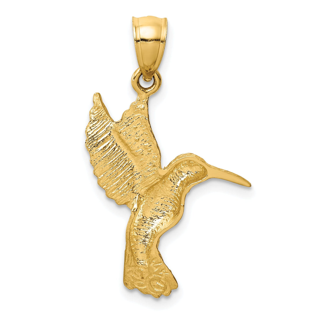 14K Yellow Gold Solid Textured Brushed Diamond Cut Finish Flying Hummingbird Design Charm Pendant