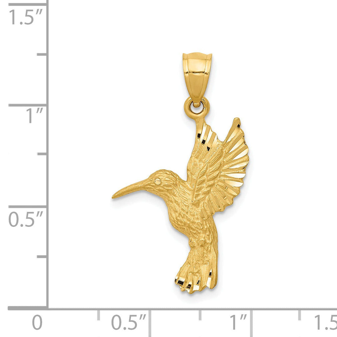 14K Yellow Gold Solid Textured Brushed Diamond Cut Finish Flying Hummingbird Design Charm Pendant