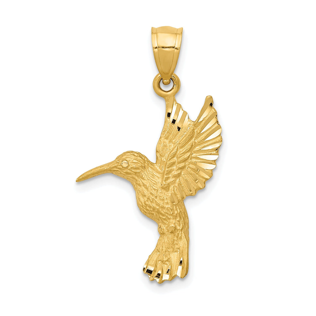 14K Yellow Gold Solid Textured Brushed Diamond Cut Finish Flying Hummingbird Design Charm Pendant