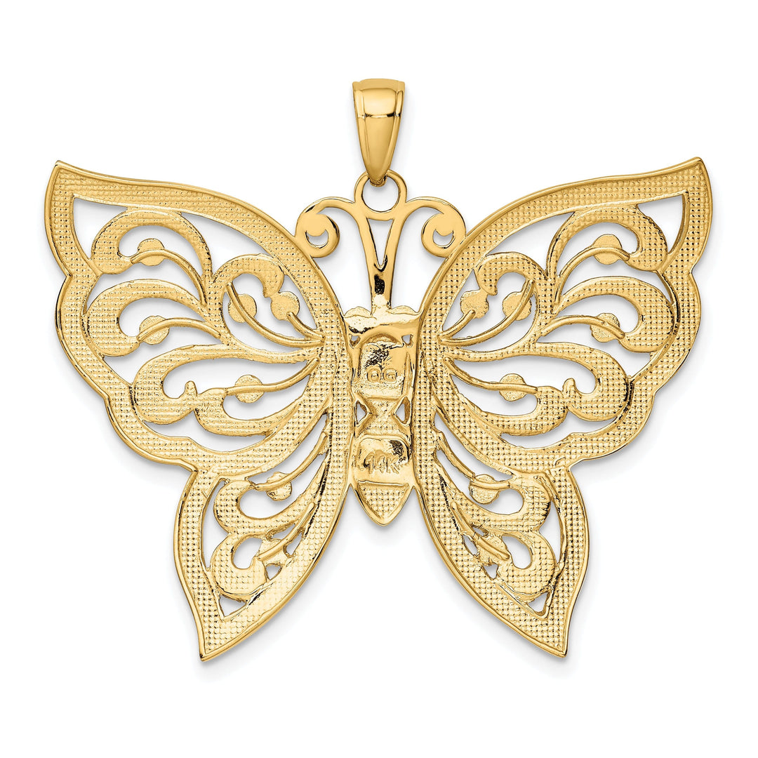 14k Two-tone Gold Casted Textured Back Solid Polished Finish Diamond-cut Butterfly Charm Pendant