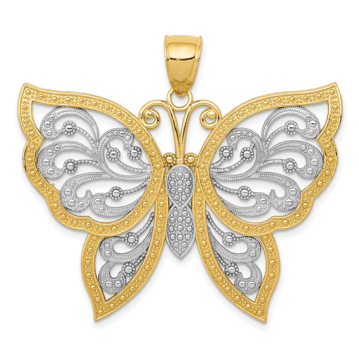 14k Two-tone Gold Casted Textured Back Solid Polished Finish Diamond-cut Butterfly Charm Pendant