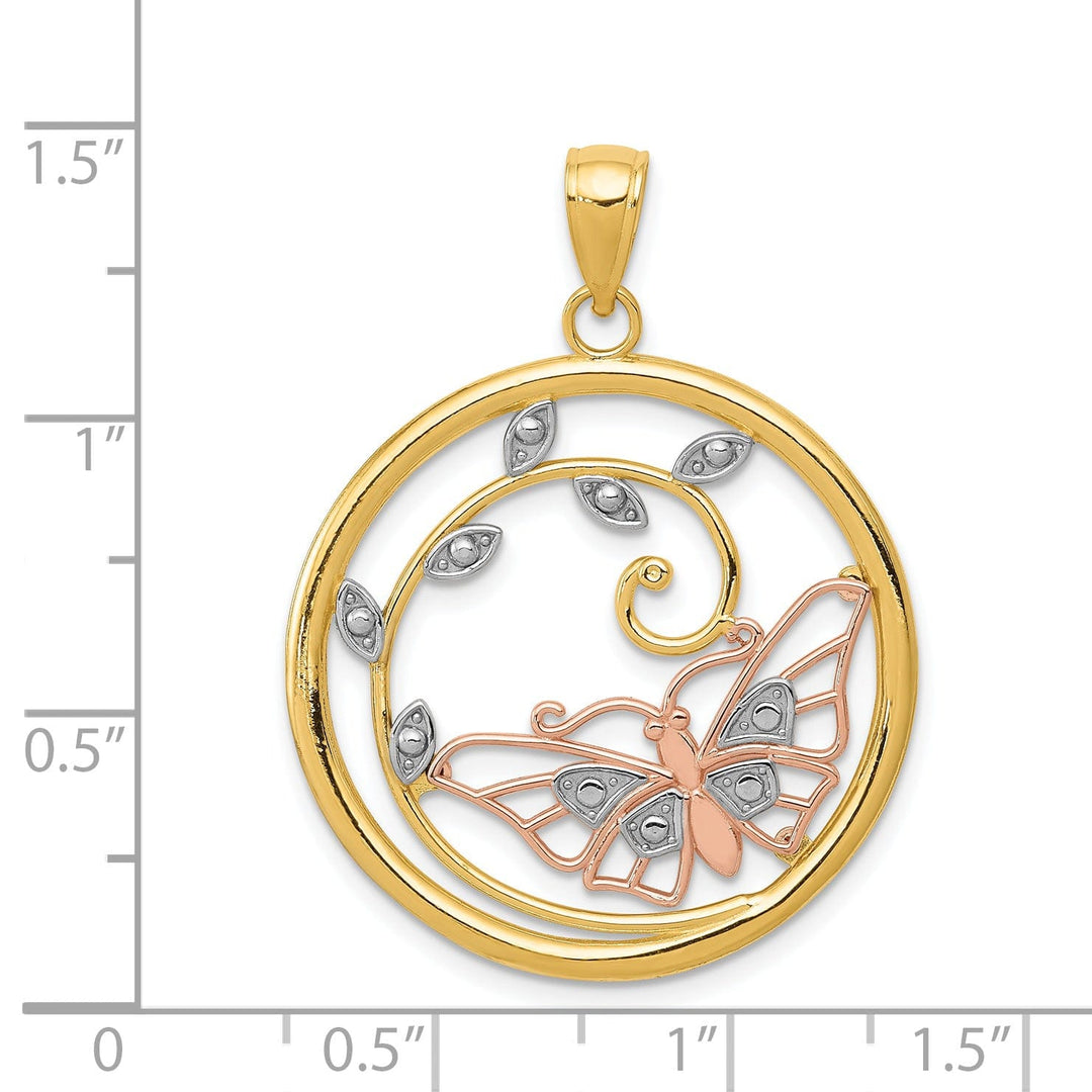 14k Two-tone Gold Casted Open Back Solid Polished Finish Butterfly in Circle Charm Pendant