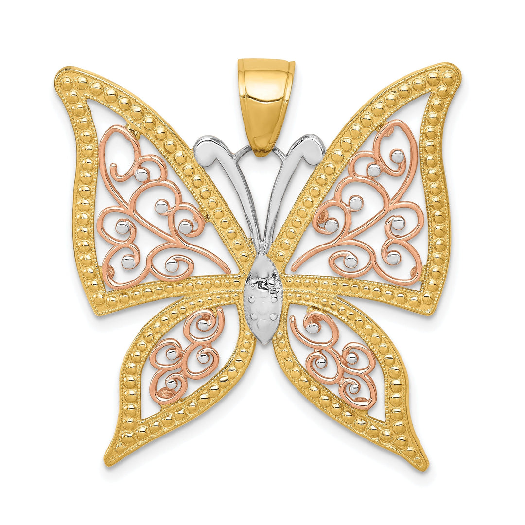 14k Two-tone Gold Open Back Casted Textured Solid Polished Finish Diamond-cut Butterfly Charm Pendant