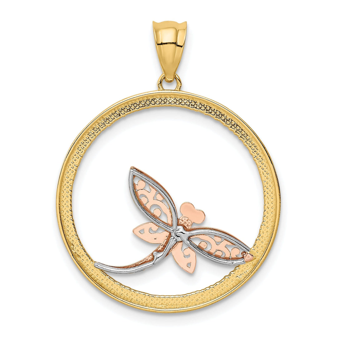 14K Two-Tone Gold White Rhodium Solid Open Back Polished Diamont Cut Finish Circle Shape Design Dragonfly Charm Pendant