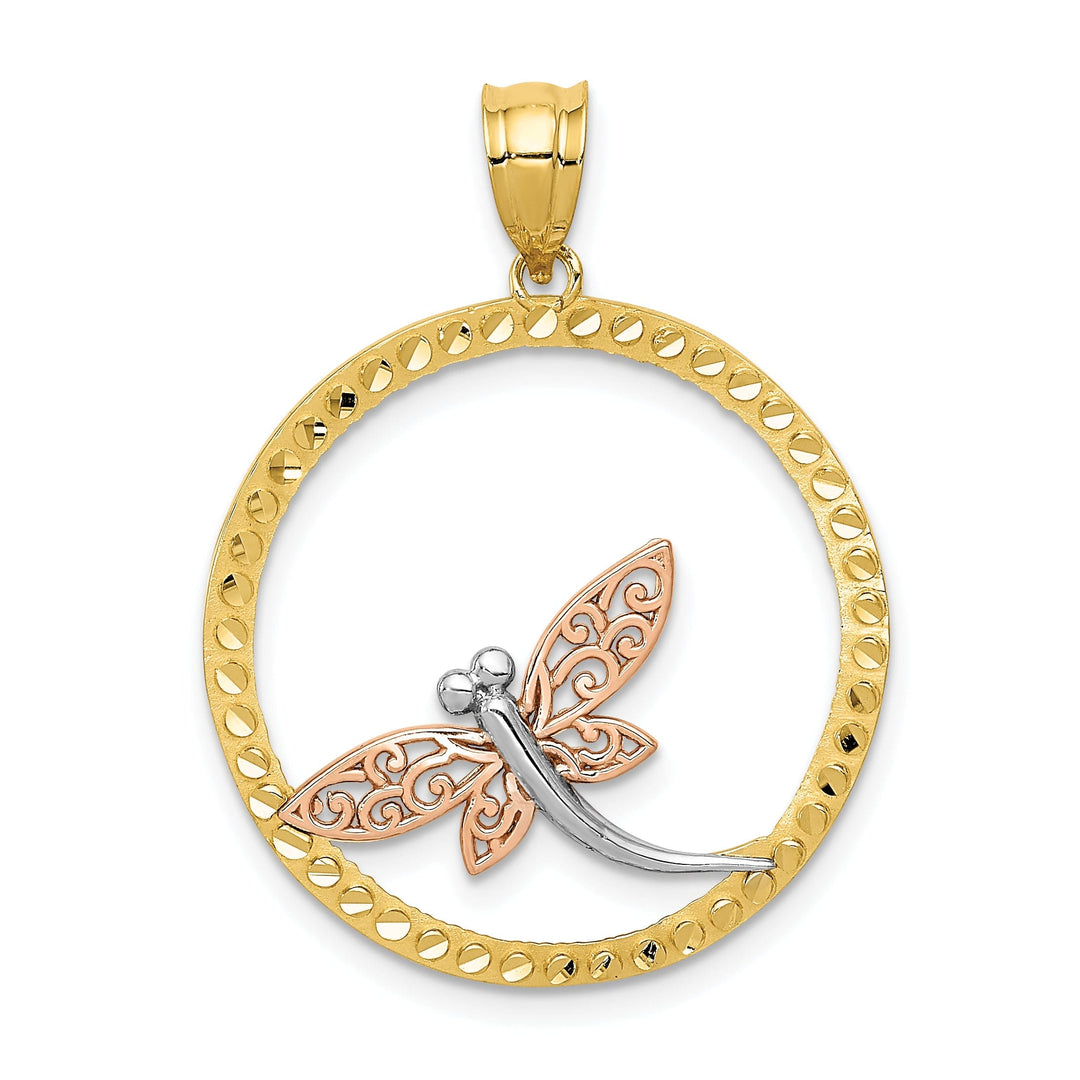 14K Two-Tone Gold White Rhodium Solid Open Back Polished Diamont Cut Finish Circle Shape Design Dragonfly Charm Pendant