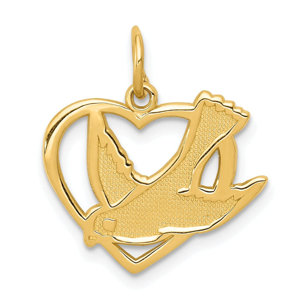 14k Yellow Gold Textured Polished Finish Heart Design Dove Bird Sign Of Peace Charm Pendent